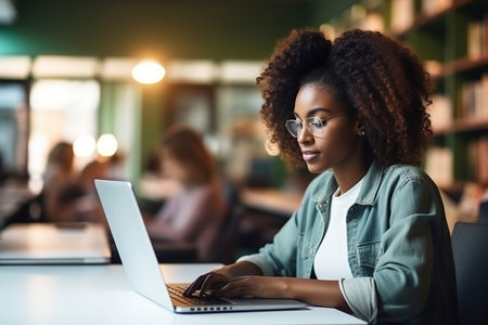 Black girl student using laptop computer in university library sitting at desk hybrid learning online, doing college course study or research, watching virtual class, writing notes, elearningの素材