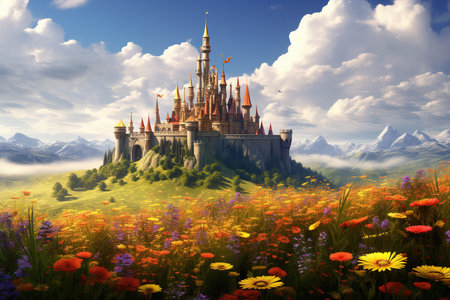 castle in flower fieldの素材