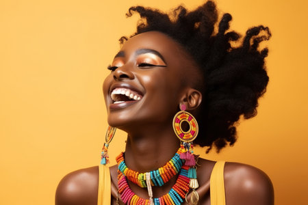 Cheerful African woman with makeup smiling in a studioの素材