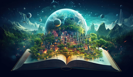 Fantasy world inside of the book. Concept of education imagination and creativity from reading booksの素材