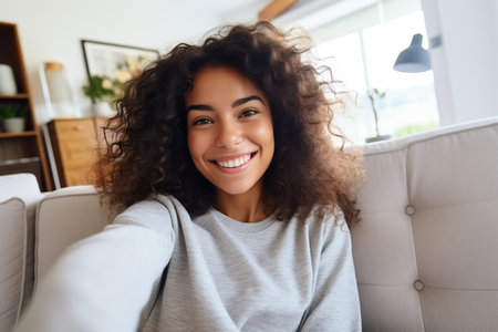 Happy Latin woman relaxing on the sofa at home - Smiling girl taking selfie picture with smartphone lying on the couchの素材