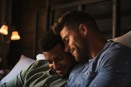 Beautiful gay couple being romantic indoorsの素材