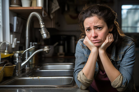 A forlorn woman at her kitchen sink looking worried about a plumbing problem, suggesting a leak and the need for help and assistanceの素材