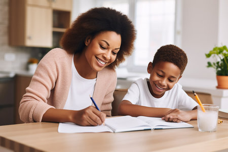 Cheerful mother doing homework with son at homeの素材