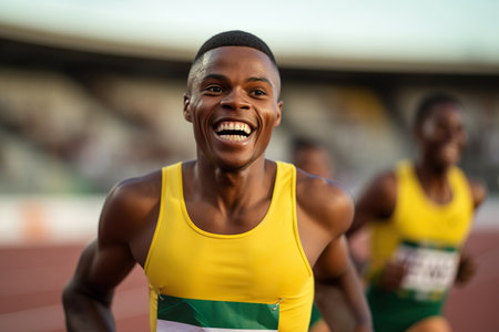 Black young athlete running in the Olympic games competitionの素材