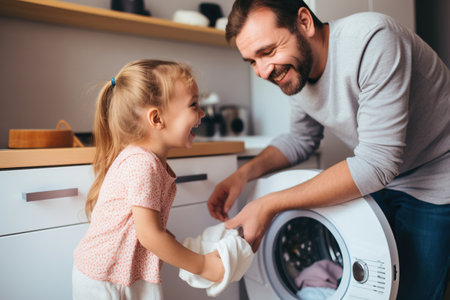 Father and daughter doing laundry togetherの素材