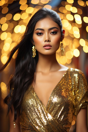 Asian Woman in golden dress on the streetの素材