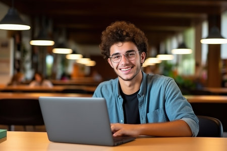 Happy Latin guy student using laptop computer in university library sitting at deskの素材