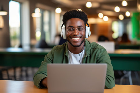 Happy African Black guy student using laptop computer in university libraryの素材