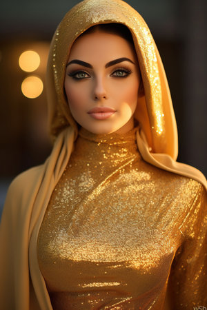 Arabic Woman in golden dress on the streetの素材