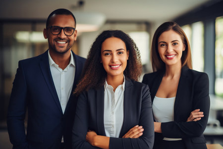 Happy confident business team people two Latin and African American colleagues standing in officeの素材