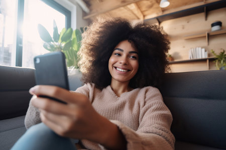 Smiling girl taking selfie picture with smartphone lying on the couchの素材