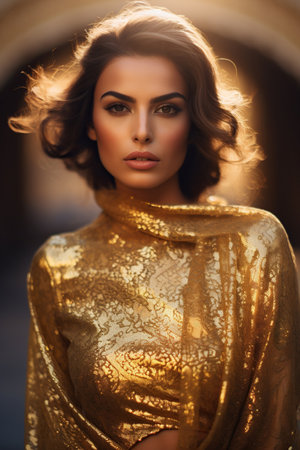 Arabic Woman in golden dress on the streetの素材