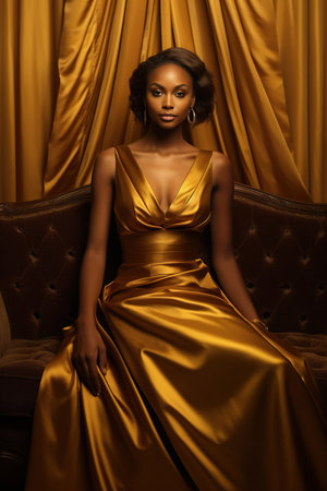 Beautiful dark skin woman in golden dress in gold room.の素材