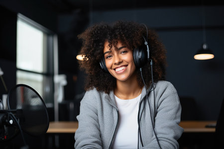 Black woman smiling in a studioの素材