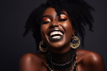 Cheerful African woman with makeup smiling in a studioの素材