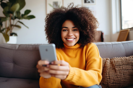 Smiling girl taking selfie picture with smartphone lying on the couchの素材