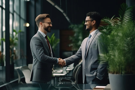 Diverse happy business men handshaking at meeting making agreement.の素材
