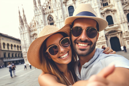 Happy couple taking selfie in front of Duomo cathedral in Milan, Lombardiaの素材