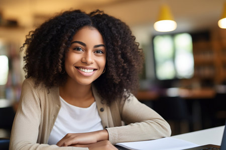 Happy African Black girl student using laptop computer in university libraryの素材