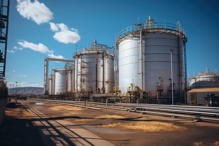 a closeup photo of storage tanks and silos used for storing raw materialsの素材