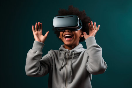 Cheerful disabled african american elementary schoolboy gesturing while wearing vr glassesの素材