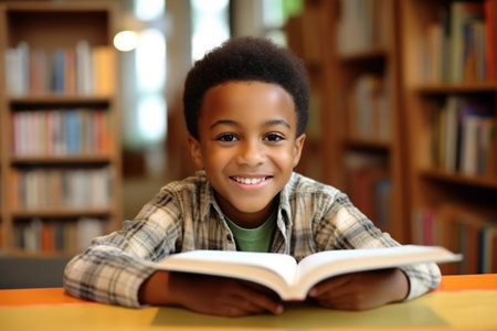 Cute african american boy reading book in libraryの素材