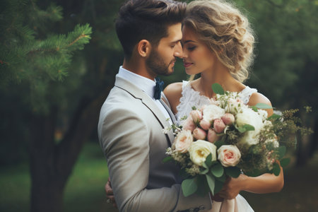 Affectionate bride and groom kissing on their wedding dayの素材