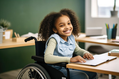 Portrait of smiling African American elementary girl studying while sitting on wheelchair at deskの素材