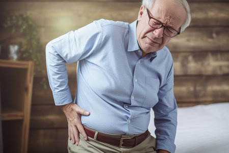 An elderly man holds his stomach in pain.の素材