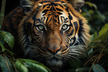 Close - up portrait shoot in green jungle of an expressive tigerの素材