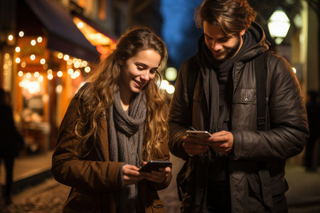 young couple Viewing map on phone in streetの素材