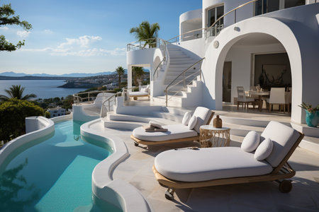 white house with pool on hill with stunning sea viewの素材