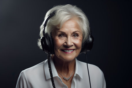 old woman with a call center headset smiling and wearing a white shirt, black backgroundの素材