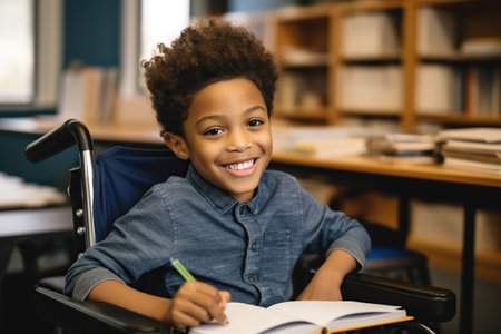 Portrait of smiling African American elementary boy studying while sitting on wheelchair at deskの素材