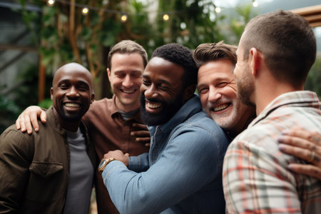 Supportive diverse male friends hugging each other at group therapy sessionの素材