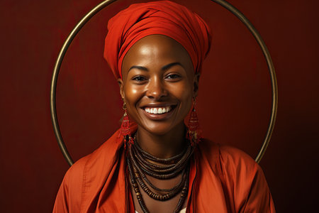 a black woman bald head smiling with big hoopの素材