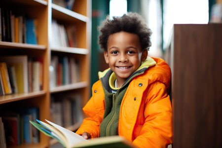 Happy black boy reading book in libraryの素材