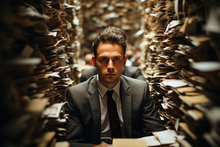 Businessman working in Stacks of paper files for searching informationの素材