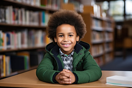 Happy black boy reading book in libraryの素材