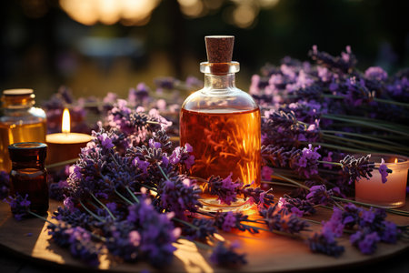 Essential Aromatic oil and lavender flowers, natural remedies, aromatherap.の素材