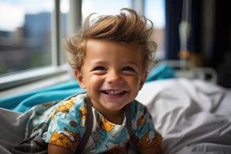 Small boy sitting in a hospital bed and smilingの素材