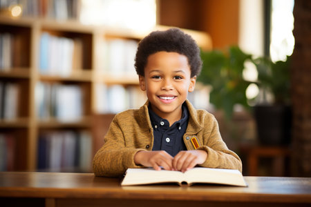 Cute african american boy reading book in libraryの素材