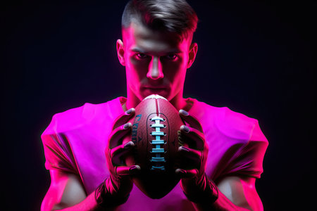 Caucasian male american football player holding ball with neon pink lightingの素材