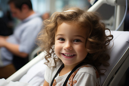 Small girl sitting in a hospital bed and smilingの素材