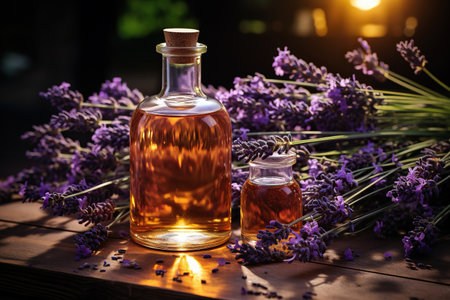 Essential Aromatic oil and lavender flowers, natural remedies, aromatherap.の素材