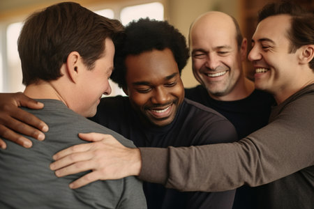 Supportive diverse male friends hugging each other at group therapy sessionの素材