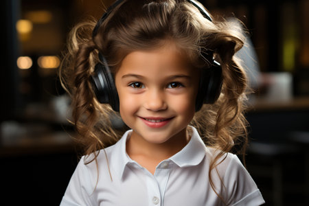 little girl with a call center headset smiling and wearing a white shirt, black backgroundの素材