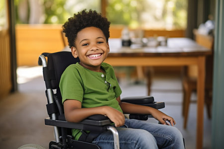 Portrait of smiling African American elementary boy studying while sitting on wheelchair at deskの素材