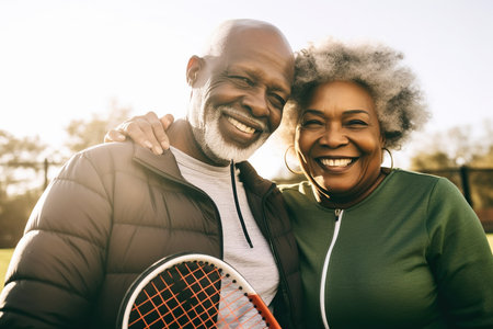 Happy senior african american couple with tennis racketsの素材